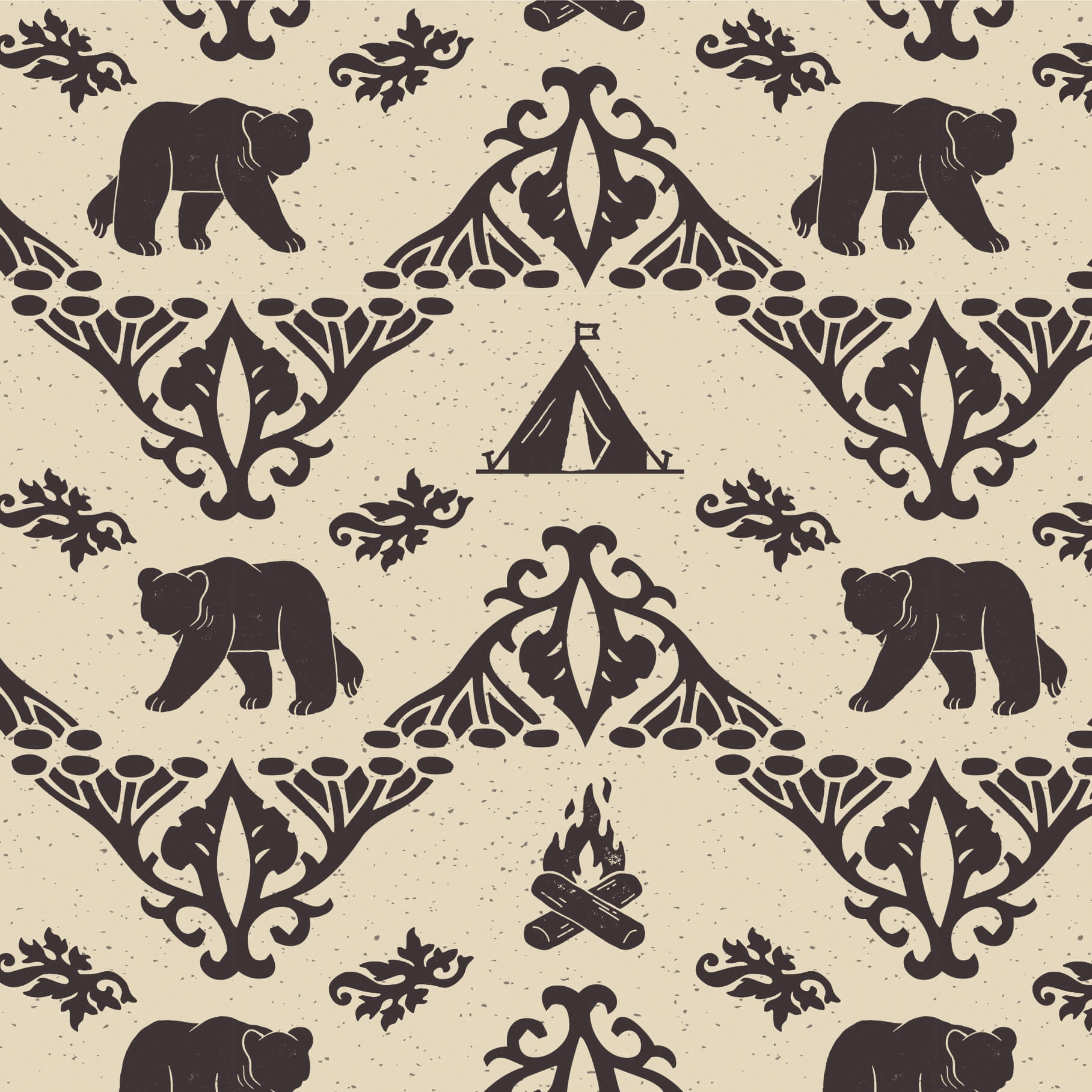 Surface pattern with bears, campfires and tents
