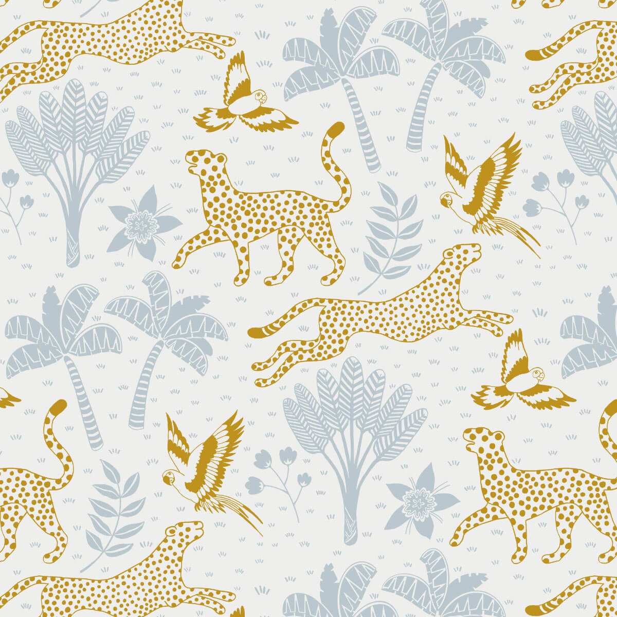 pattern with cheetahs, palms and parrots